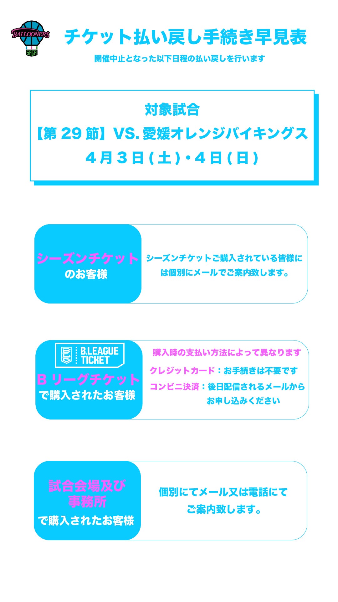 重要 第29節4 3 土 4 日 愛媛戦のチケット払い戻しについて 佐賀バルーナーズ